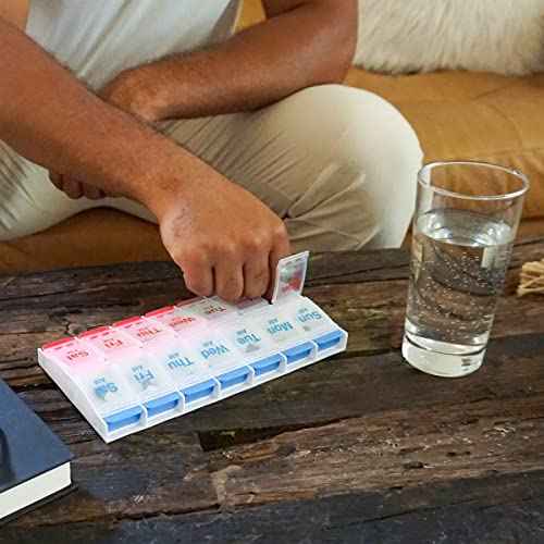 Weekly (7-Day) AM/PM Pill Organizer, X-Large Planner, Blue/Red
