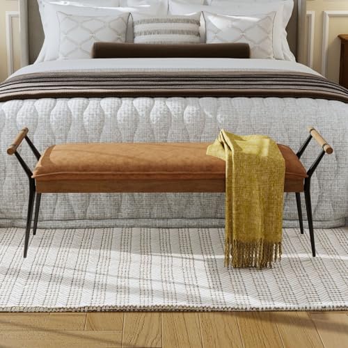 Modern PU Ottoman Bench with Arms & Metal Legs