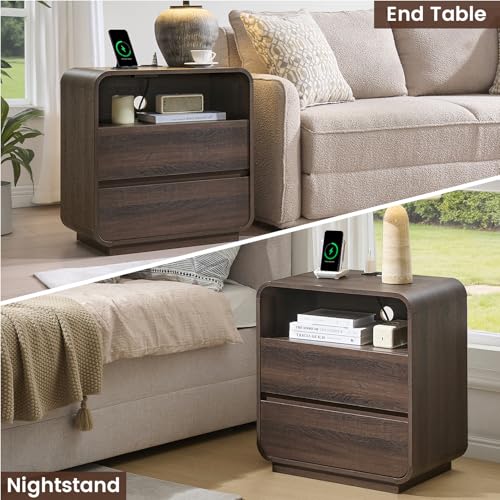 Walnut Curved Nightstand Set of 2 with Charging Station