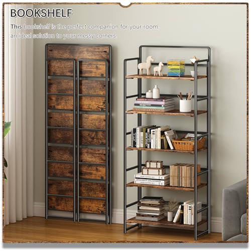 No Assembly 5 Tiers Folding Bookshelf Storage Shelves Vintage Bookcase Standing Racks Study Organizer Home Office (4 Count)