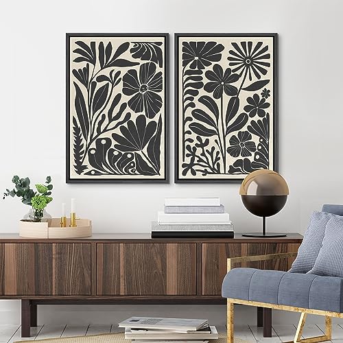 Framed Canvas Wall Art Abstract Floral Botanical Prints Minimalist Modern Art Boho Wall Decor for Bedroom (2 Count)