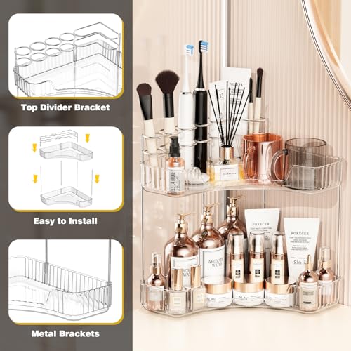 2 Tier Corner Bathroom Counter Organizer with Top Toothbrush Holders