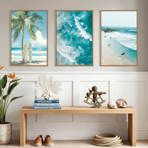 Extra Large Surfing Tropical Beach Framed Wall Art 24x36 Inch Blue Summer Coastal Canvas Wall Decor Surfboard Seaside Tree Landscape Art Print for Living Room Bedroom Set of 3