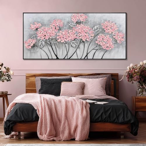 Flower Wall Art Pink Wood Wall Decor Botanical Oil Painting 32"x70" Large Artwork for Bedroom Canvas Paintings for Office