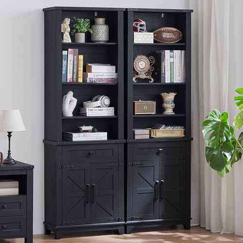 72in Tall Bookshelf 7 Tier Bookcase with Drawer and Barn Doors and Adjustable Shelves (3 Count)