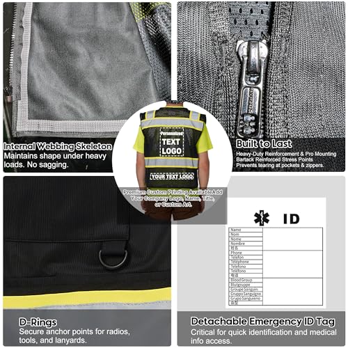 Black Safety Vest 9 Pockets Mesh Back Reflective strip ID Pocket