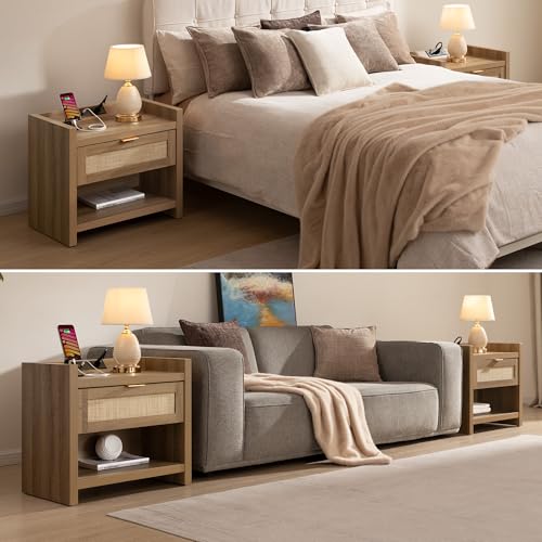 Rattan Night Stand Bedside Table with Large Drawer & Open Shelf