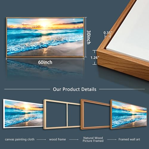 Large Canvas Wall Art For Living Room Wood Framed Wall Decor For Bedroom Blue Beach Seascape Wall Paintings Modern Office Decorations Home Decor Poster Artwork Ready to Hang Wall Pictures