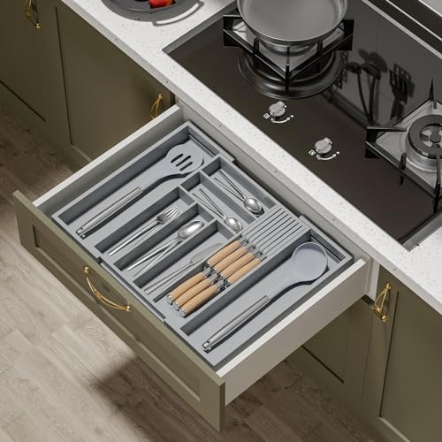 Expandable Bamboo Silverware Drawer Organizer Kitchen Tray