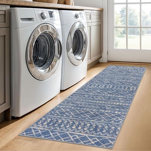 2x6 Washable Runners for Hallways Blue Beige Moroccan Boho