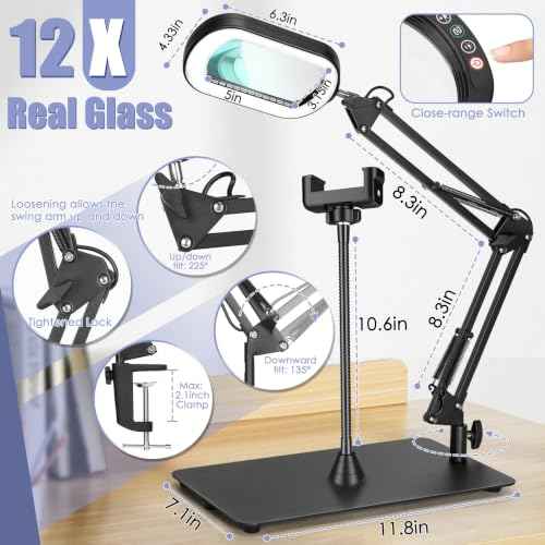 12X Square Magnifying Glass with Light and Stand