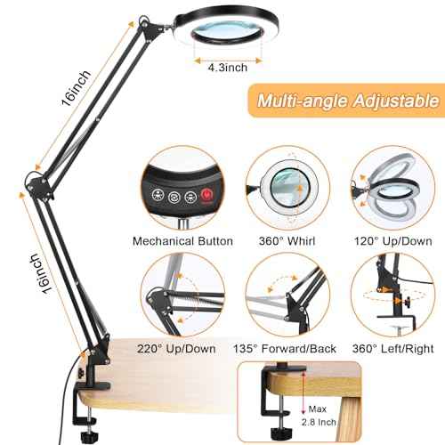 12X Large Magnifying Glass with Light and Clamp