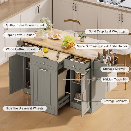 Kitchen Islands with Movable Wood Cutting Board & Trash Can