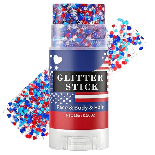 Red White and Blue Face Hair Body Glitter Stick with Heart & Star Sequins