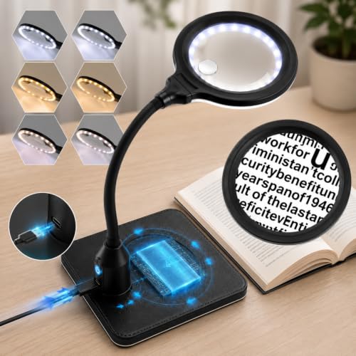 15X 30X Rechargeable Magnifying Glass with Light and Stand for Reading