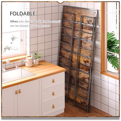 No Assembly Extra Wide 6 Tiers Folding Bookshelf Storage Shelves Vintage Bookcase Standing Racks Study Organizer Home Office
