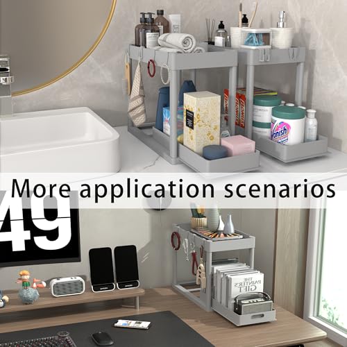 2PC Under Sink Organizer Rack 2 Tier Under Sliding Cabinet Basket Organizer Drawer with 4 Hooks (2 Count)