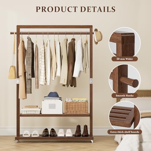 Wood Clothing Rack Solid Wood Clothes rack with Wheels 2 Shelves