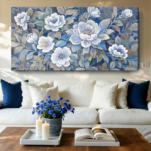 Extra Large Blue White And Gray Plant Canvas Wall Art; Modern Abstract Flower Print Picture For Living Rooms