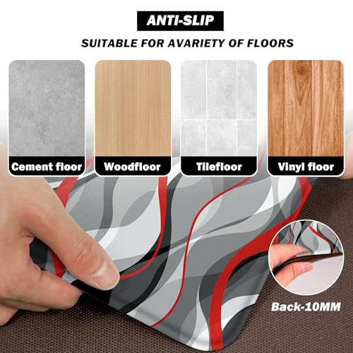 Kitchen Mats for Floor Modern Abstract kitchen rugs Grey and Red Stripe Anti Fatigue Kitchen Mats Waterproof Floor Mats Cushioned Non