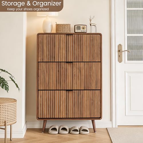 Fluted Shoe Storage Cabinet with 3 Flip Drawers