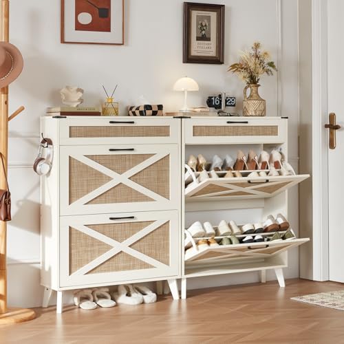Rattan Shoe Cabinet Storage for Entryway with 2 Flip Drawers