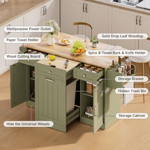 Kitchen Islands with Movable Wood Cutting Board & Trash Can