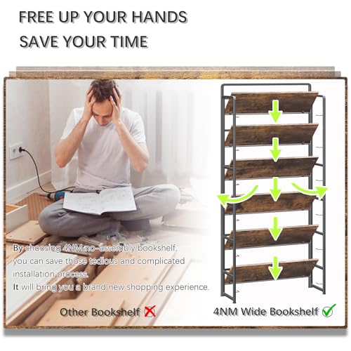 No Assembly Extra Wide 6 Tiers Folding Bookshelf Storage Shelves Vintage Bookcase Standing Racks Study Organizer Home Office