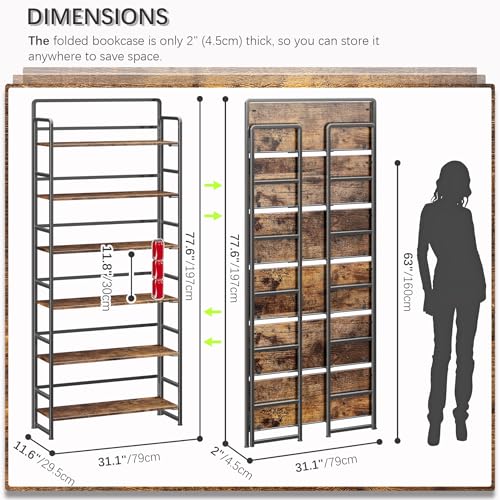 No Assembly Extra Wide 6 Tiers Folding Bookshelf Storage Shelves Vintage Bookcase Standing Racks Study Organizer Home Office
