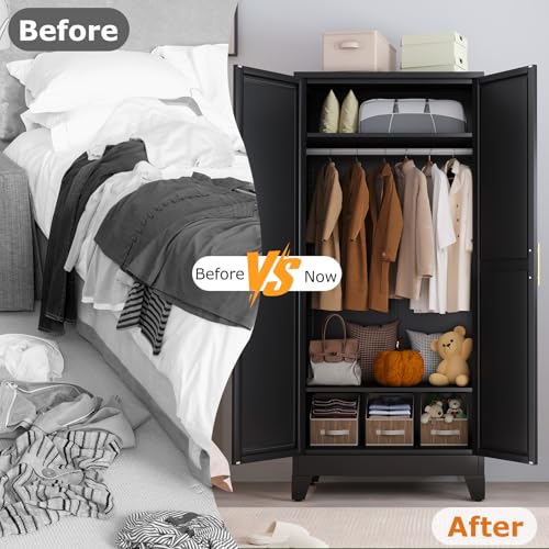 Metal Wardrobe Storage Cabinet with Mirror and Hanging Rod