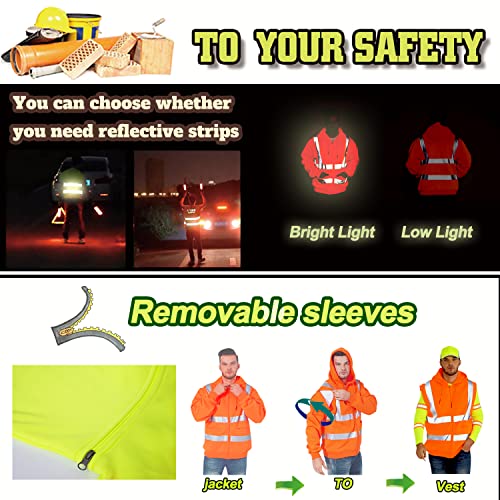 High Visibility Reflective Safety Hoodie Jacket With Removable Sleeves Hi Vis Outdoor Protective Workwear Unisex
