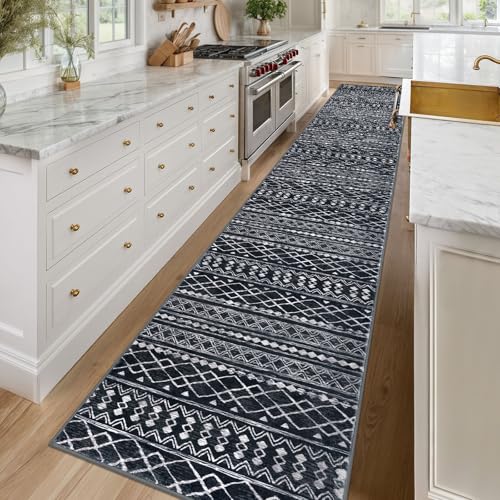 Long Hallway Runner Rug 2.6x16 Washable Moroccan Vintage Black Boho