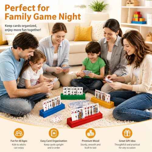 Card Holders for Playing Cards Deck Stand Wood Playing Card Holder for Kids Canasta Holder for Adults Seniors Card Deck Crowns Uno Games Set of 4 Colors (2 Count)
