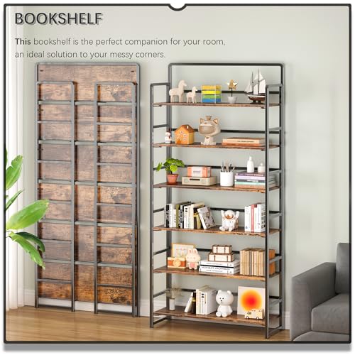 No Assembly Extra Wide 6 Tiers Folding Bookshelf Storage Shelves Vintage Bookcase Standing Racks Study Organizer Home Office