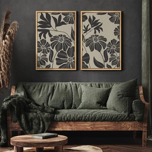 Framed Canvas Print Wall Art Monochrome Floral Botanical Black and White Illustrations Modern Art Decorative Bohemian Colorful Chic for Living Room