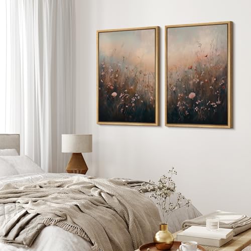 Framed Canvas Print Wall Art Forest and Lake Landscape Vintage Nature Scenery Illustrations Modern Art Decorative Bohemian Chic for Living Room (2 Count)
