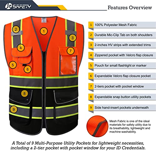 Safety Vest for Men Women Reflective Hi Vis JK100 OBlack L