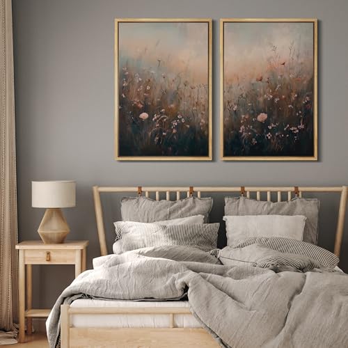 Framed Canvas Print Wall Art Forest and Lake Landscape Vintage Nature Scenery Illustrations Modern Art Decorative Bohemian Chic for Living Room (2 Count)