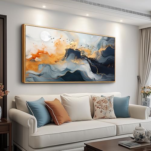 Framed Wall Art Abstract Large Canvas Picture Marble Fluid Art with Gold Foil Moon & Bird Design Home Decor for Living Room Bedroom Hotel Office Wall Decorative Artwork Ready to Hang 24x48