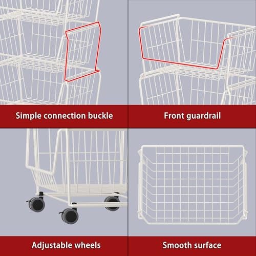 4 Tier Large Stackable Wire Storage Baskets with Wheels