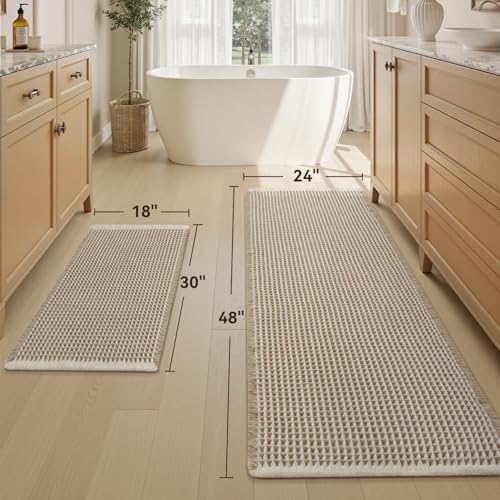 Upgraded Waffle Bath Mat Set of 2 Absorbent Bathroom Mat 18"x30" + 24"x48" (9 Sq Ft)