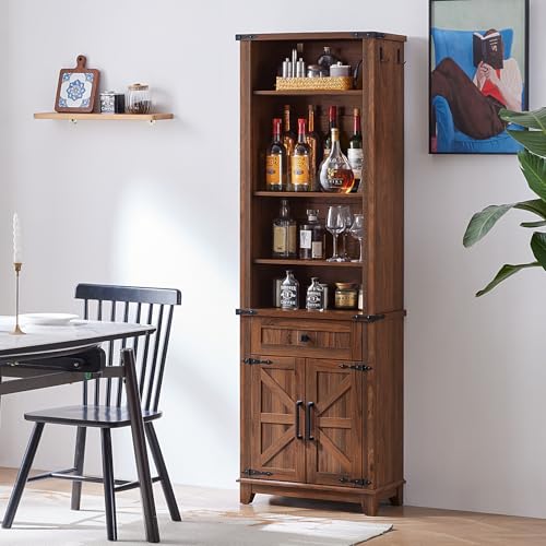 72in Tall Bookshelf 7 Tier Bookcase with Drawer and Barn Doors and Adjustable Shelves