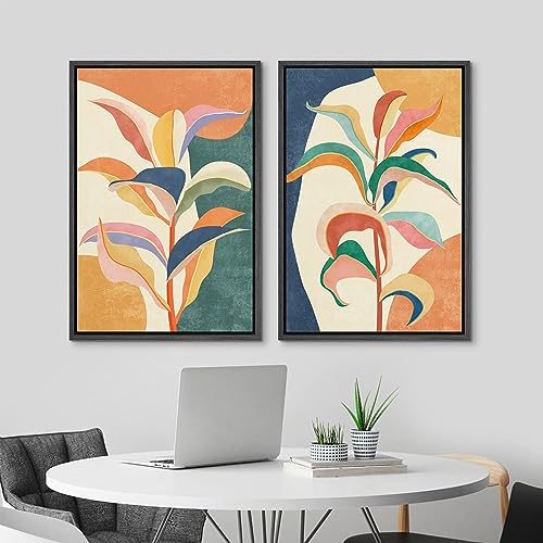 Framed Canvas Wall Art Colorful Tropical Jungle Leaf Botanical Prints Minimalist Modern Art Boho Wall Decor for Bedroom (2 Count)