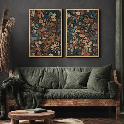 Framed Canvas Print Wall Art Vintage Floral Botanical Colorful Wildflowers Illustrations Modern Art Decorative Bohemian Colorful for Living Room