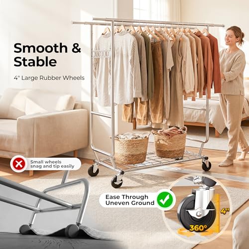 Clothes Rack Heavy Duty Clothing Rack Load 650 LBS Collapsible Garment Rack with Wheels Double Rod Clothes Rack for Hanging Clothes Commercial Portable Closet Rack with Shelves 22"D*75"W*68"H