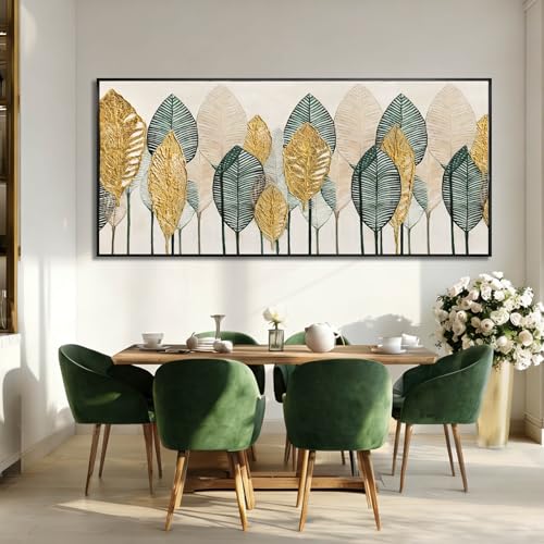 Green and Gold Wall Art Leaves Wall Decor Modern Canvas Painting 32"x70" Pictures for Dining Room Area Large Artwork for Living Room