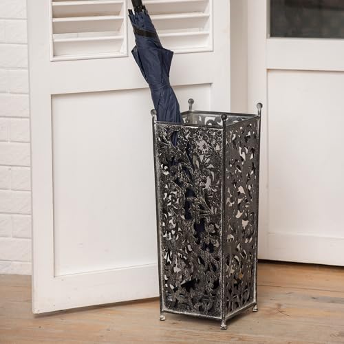 Vintage Black Metal Umbrella Holder with Ornate Cutout Pattern Antique Decorative Umbrella Stand with Detachable Drip Tray for Entryway Storage Umbrellas Canes & Walking Sticks