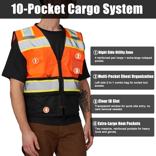 Personalized Orange Black Event Staff Vest Zipper ANSI 107 3XL