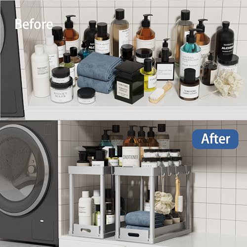 2PC Under Sink Organizer Rack 2 Tier Under Sliding Cabinet Basket Organizer Drawer with 4 Hooks (2 Count)