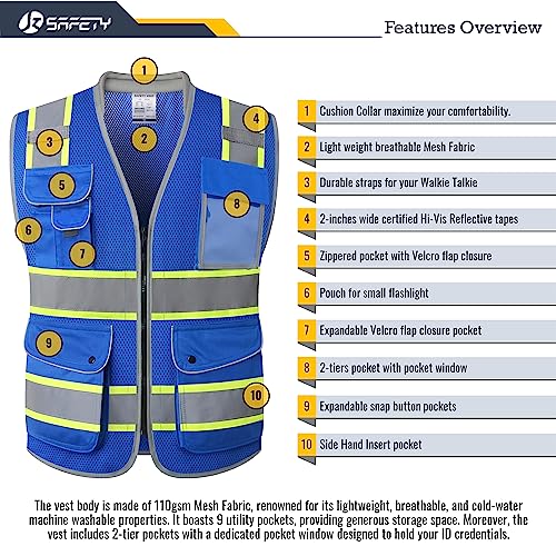 Hi Vis Safety Vest for Men Women Cushioned Collar JK101 Blue L